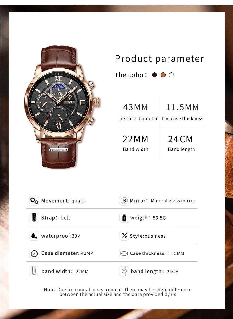 2025 New Mens Watches LIGE Top Brand Luxury Leather Casual Quartz Watch Men's Sport Waterproof Clock Watch Relogio Masculino+Box
