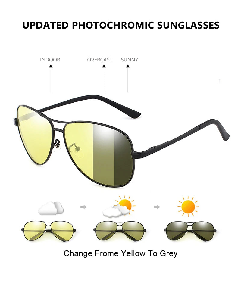 Klasické pilotní fotochromatické sluneční brýle pro muže a ženy, módní chameleonové polarizované sluneční brýle pro muže, vhodné pro řízení, měnící barvu, s nočním viděním