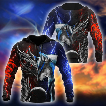 Sweatshirt com capuz de outono para homem, estampado 3D com dragão e lobo vermelho e azul, unissexo, estilo streetwear casual, casaco com fecho, pullover KJ494