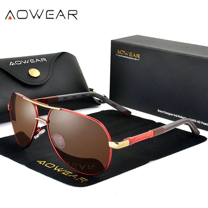 AOWEAR Lunettes de soleil polarisées d'aviation pour homme en aluminium, lunettes de soleil de conduite, lunettes de soleil pour homme, marque, créateur, lunettes rétro, accessoires, gafas