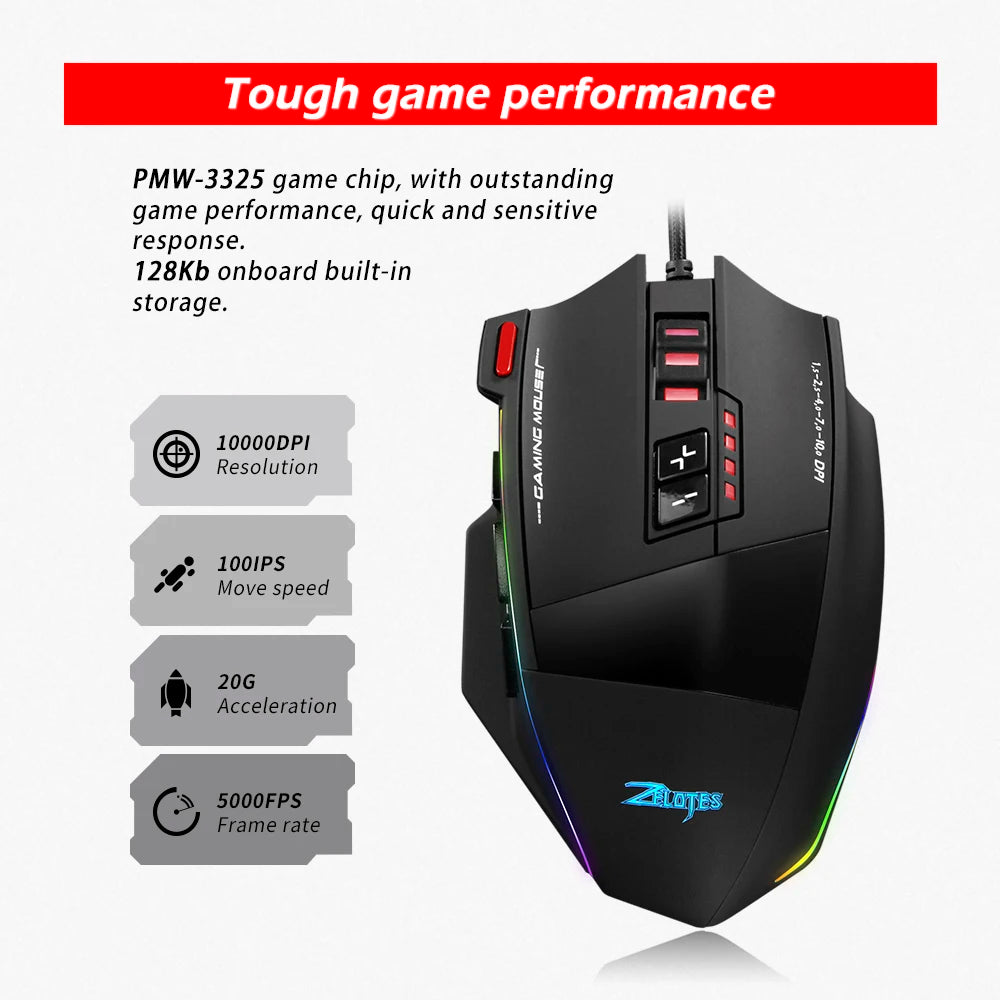 ZELOTES C-13 RGB Gaming Mouse with Side Buttons Macro Programming 10000DPI Adjustable 13 Key Wired USB Backlit Mouse for Desktop