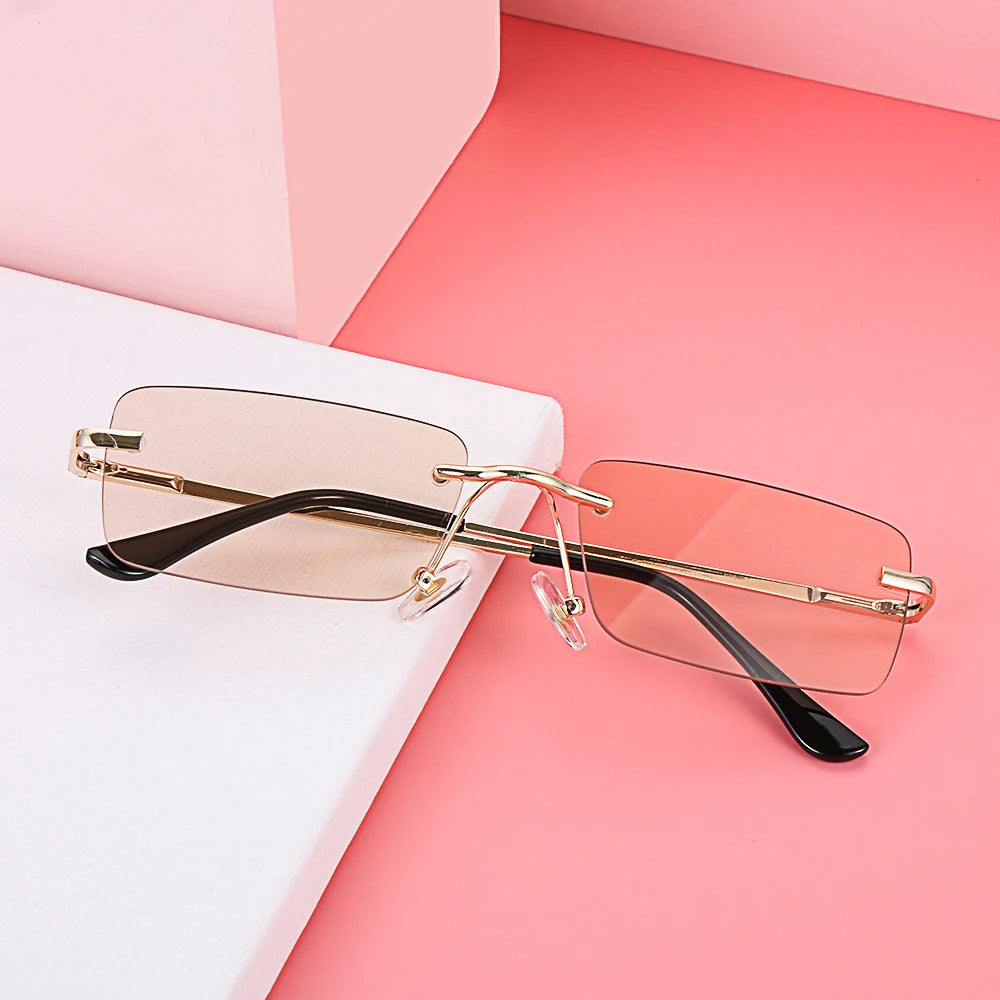 1PC Trendy Fashion Rimless Small Rectangle Sunglasses Women Men 2023 Shades Alloy Metal Glasses Traveling Style UV400 Eyewear