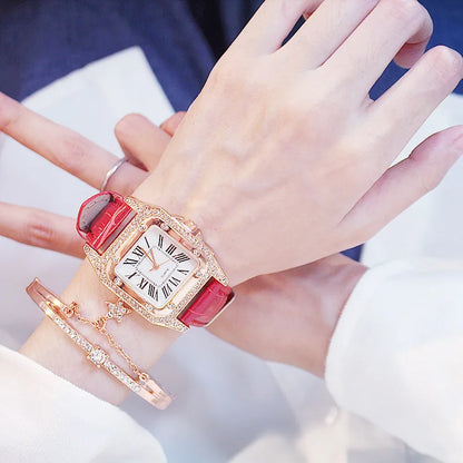 Square Women Watches Waterproof Luxury Rhinestone Quartz Wristwatch PU Leather Ladies Watch Female Ladies Watch Gift Wrist Watch