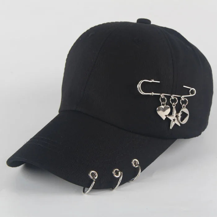 Modische Hip-Hop-Baseballkappe aus Baumwolle, kreative Piercing-Ring-Kappen, Punk, lässig für Erwachsene, einfarbig, verstellbar, Unisex-Mütze, Snapback-Kappen
