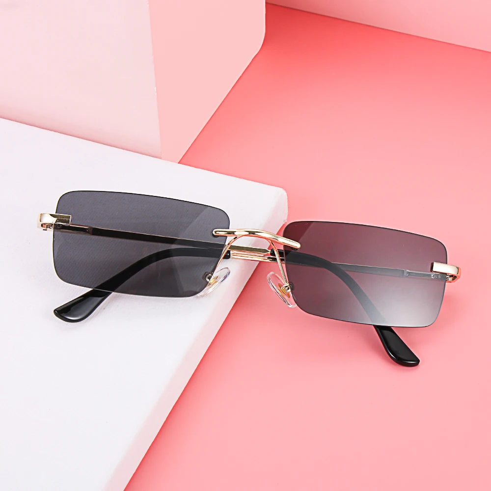 1PC Trendy Fashion Rimless Small Rectangle Sunglasses Women Men 2023 Shades Alloy Metal Glasses Traveling Style UV400 Eyewear
