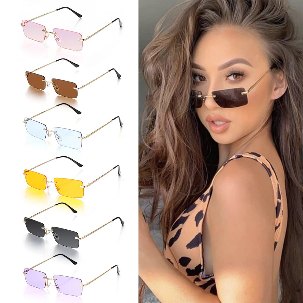 1PC Trendy Fashion Rimless Small Rectangle Sunglasses Women Men 2023 Shades Alloy Metal Glasses Traveling Style UV400 Eyewear