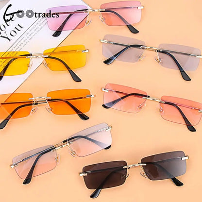 1PC Trendy Fashion Rimless Small Rectangle Sunglasses Women Men 2023 Shades Alloy Metal Glasses Traveling Style UV400 Eyewear