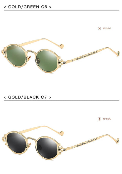 sluneční brýle pro muže ve stylu Cateye, street shoot, retro, steampunk, gotické, oválné, s kovovou obrubou a vyřezávaným vzorem, Gafas sol mujer