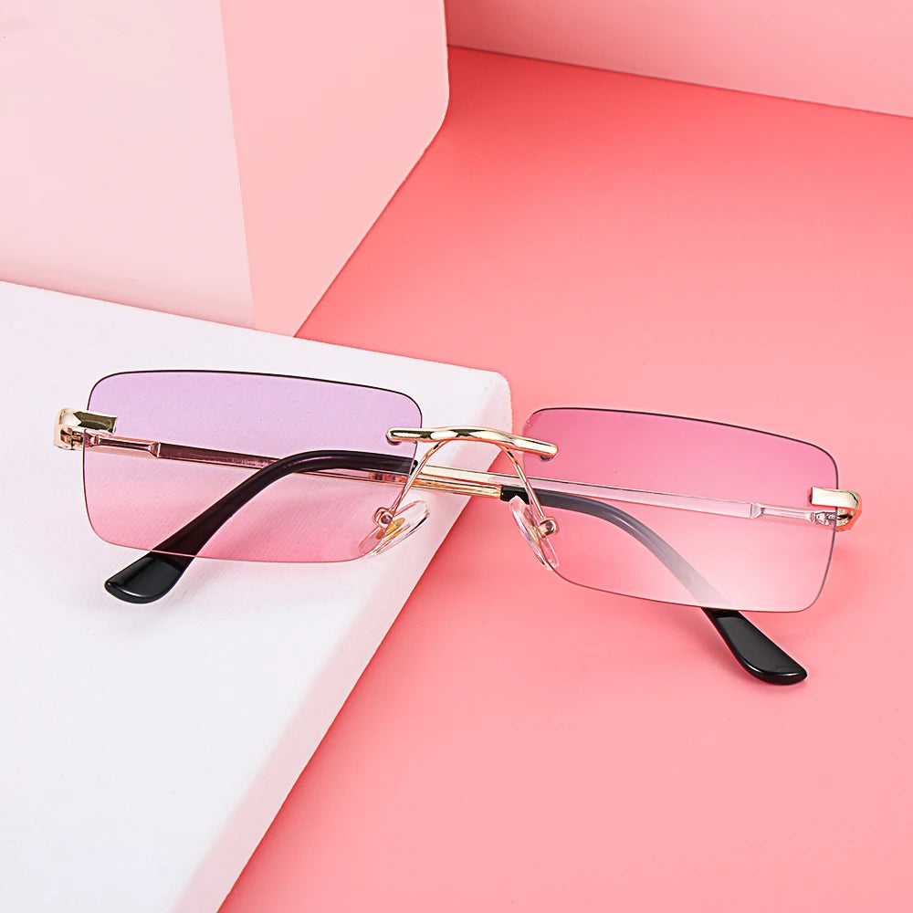 1PC Trendy Fashion Rimless Small Rectangle Sunglasses Women Men 2023 Shades Alloy Metal Glasses Traveling Style UV400 Eyewear
