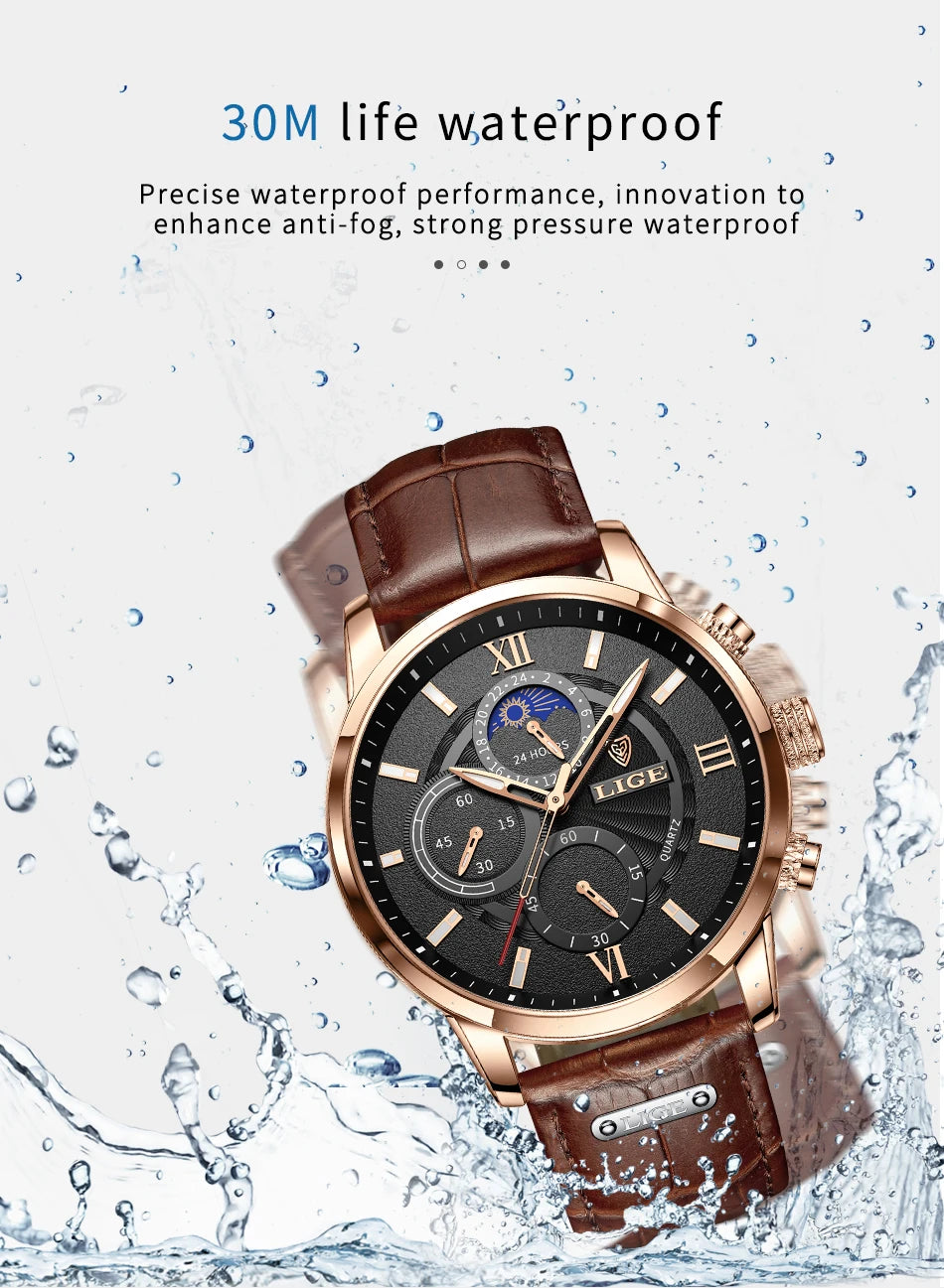 2025 New Mens Watches LIGE Top Brand Luxury Leather Casual Quartz Watch Men's Sport Waterproof Clock Watch Relogio Masculino+Box
