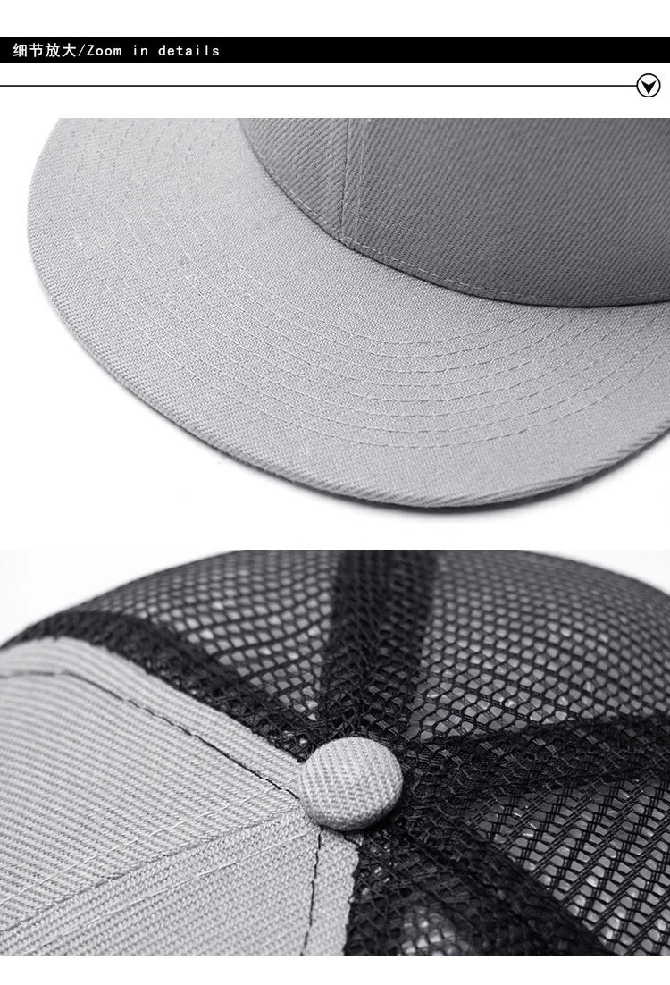Adult Solid Color Flat Brim Mesh Snapback Cap Men Woman Hiphop Plain Baseball Hat  55-60cm