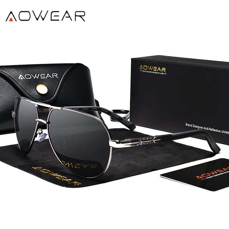 AOWEAR Lunettes de soleil polarisées d'aviation pour homme en aluminium, lunettes de soleil de conduite, lunettes de soleil pour homme, marque, créateur, lunettes rétro, accessoires, gafas