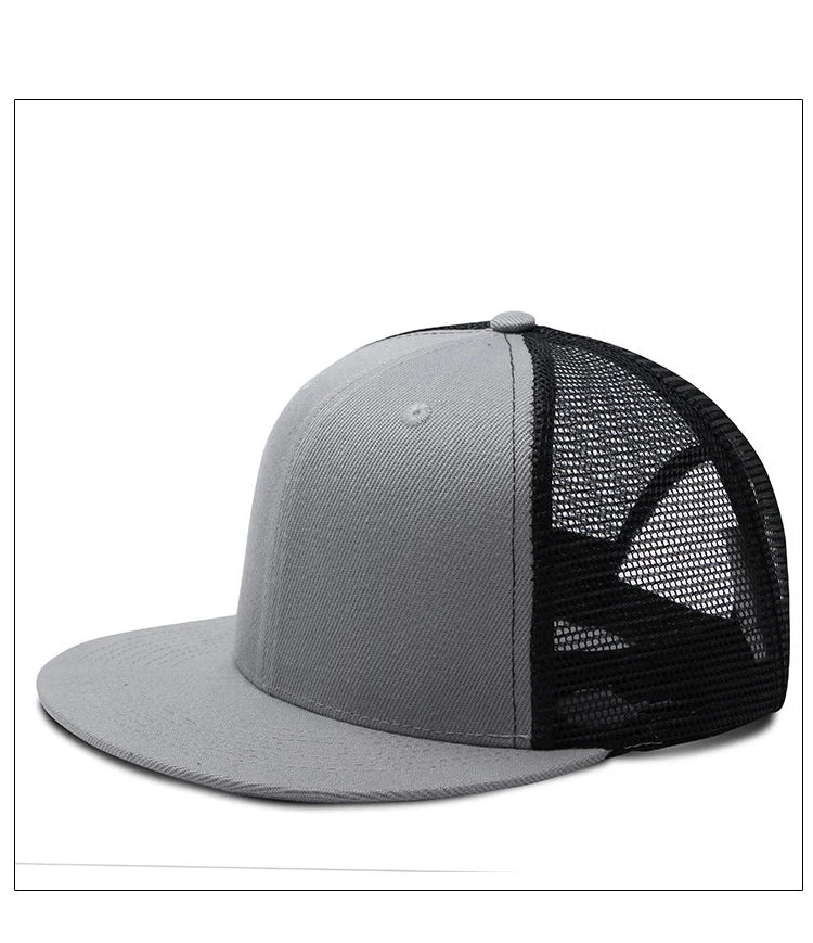 Adult Solid Color Flat Brim Mesh Snapback Cap Men Woman Hiphop Plain Baseball Hat  55-60cm