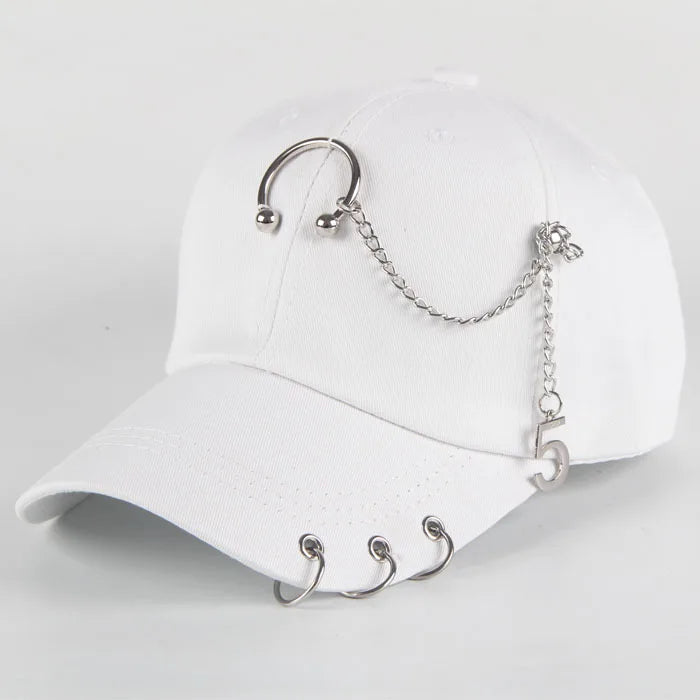 Modische Hip-Hop-Baseballkappe aus Baumwolle, kreative Piercing-Ring-Kappen, Punk, lässig für Erwachsene, einfarbig, verstellbar, Unisex-Mütze, Snapback-Kappen