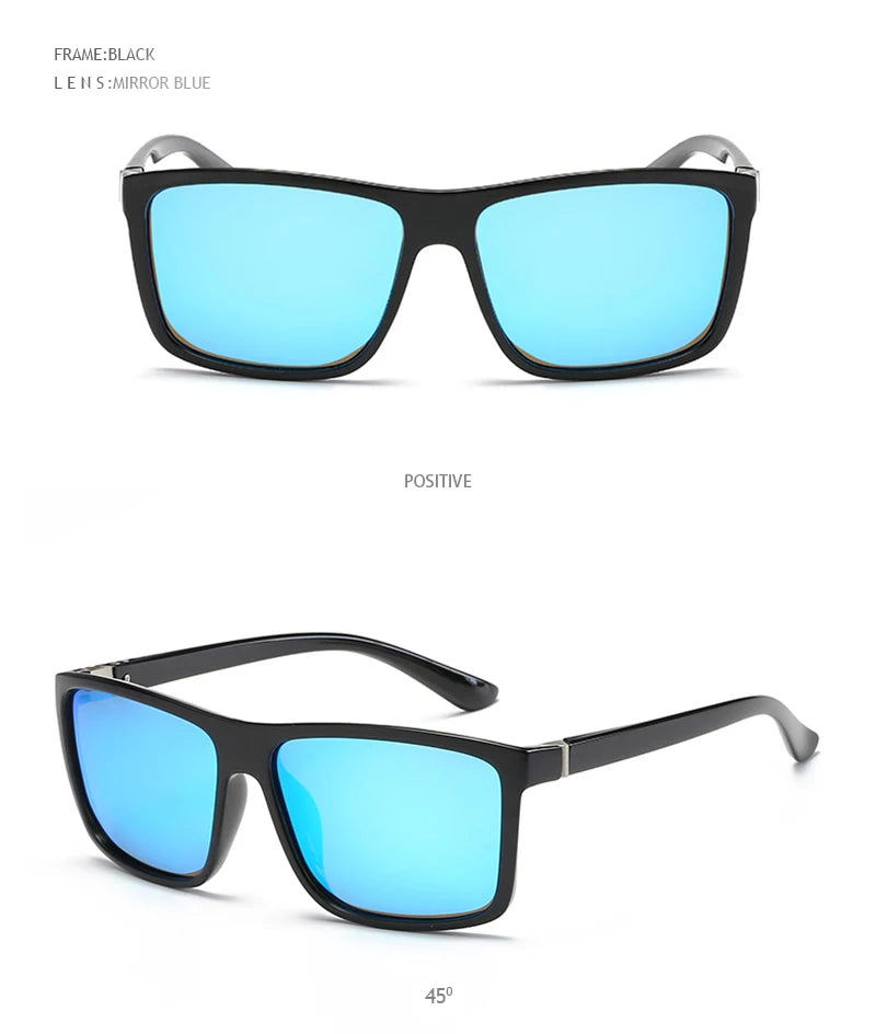 Lunettes de soleil polarisées classiques noires carrées pour homme, tendance, verres miroirs bleus, unisexes, vintage, anti-éblouissantes, pour la conduite, UV400