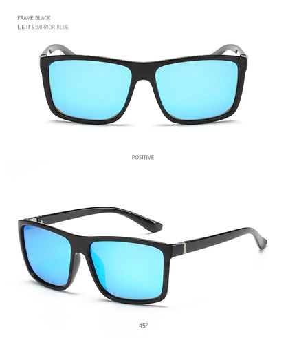 Lunettes de soleil polarisées classiques noires carrées pour homme, tendance, verres miroirs bleus, unisexes, vintage, anti-éblouissantes, pour la conduite, UV400