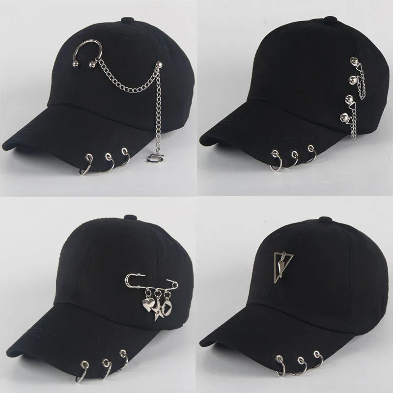 Modische Hip-Hop-Baseballkappe aus Baumwolle, kreative Piercing-Ring-Kappen, Punk, lässig für Erwachsene, einfarbig, verstellbar, Unisex-Mütze, Snapback-Kappen