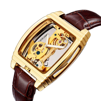 SHENHUA Mens Watches Top Brand Luxury Automatic Mechanical Transparent Skeleton Bridge Watch Leather Belt Wristwatch Male Clock