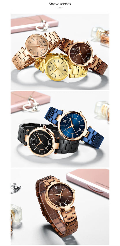 MINI FOCUS Stainless Steel Strap Watches for Women Waterproof Luxury Dress Quartz Wrist Watch Woman Lady Coffee Brown MF0189L