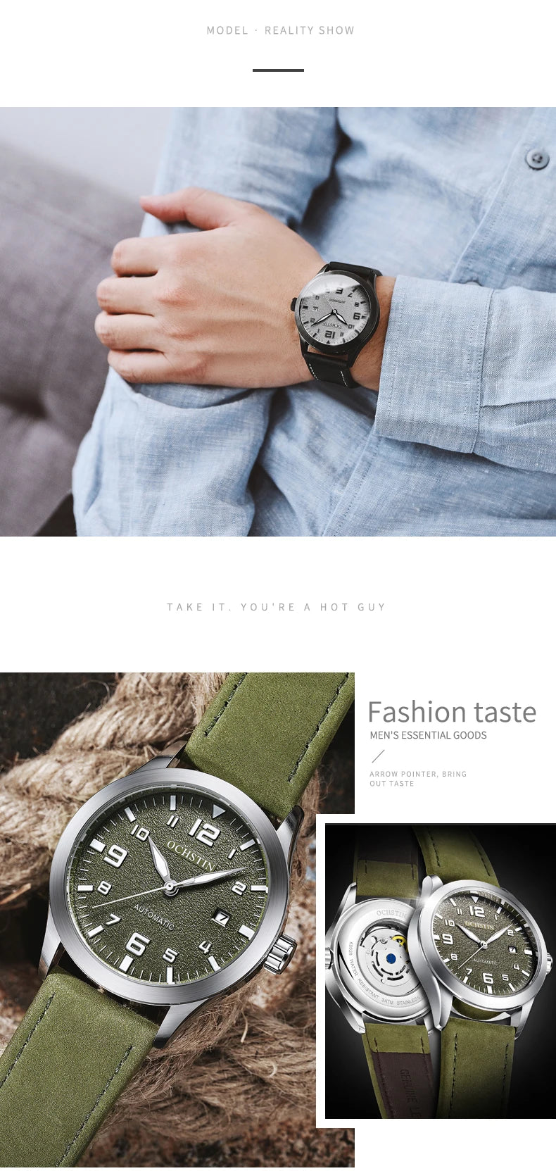 OCHSTIN Man Mechanical Pilot Wrist Watches Luxury Self Wind Leather Mechanic Male Clock Auto Date Relogio Masculino Gift for Men