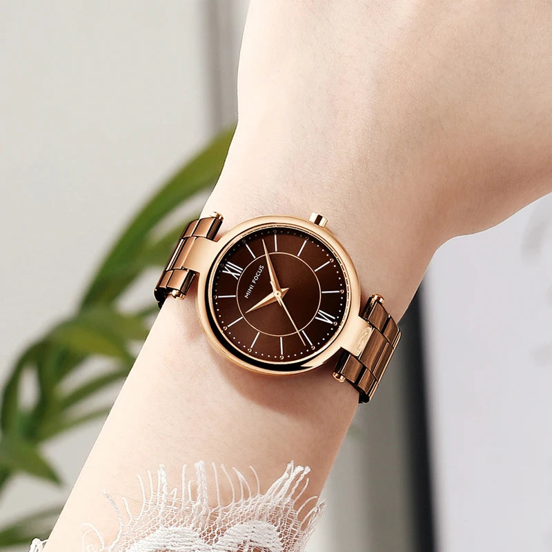 MINI FOCUS Stainless Steel Strap Watches for Women Waterproof Luxury Dress Quartz Wrist Watch Woman Lady Coffee Brown MF0189L