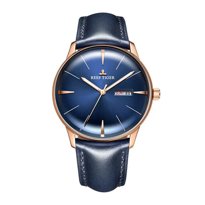 Reef Tiger/RT Luxury Dress Watch Men Genuine Leather Strap Blue Watch Automatic Mechanical Watches Waterproof Date Watch RGA8238