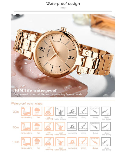 MINI FOCUS Stainless Steel Strap Watches for Women Waterproof Luxury Dress Quartz Wrist Watch Woman Lady Coffee Brown MF0189L