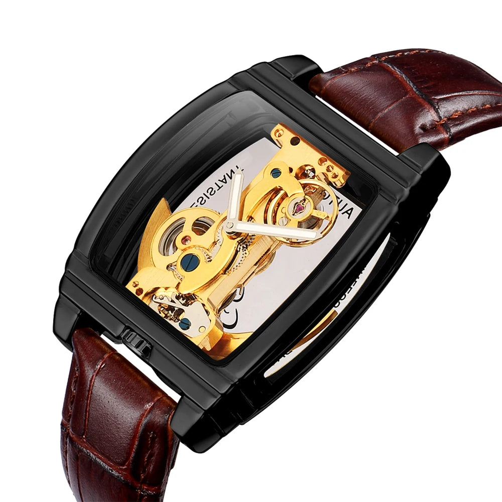 SHENHUA Mens Watches Top Brand Luxury Automatic Mechanical Transparent Skeleton Bridge Watch Leather Belt Wristwatch Male Clock