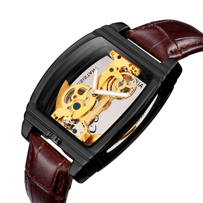 SHENHUA Mens Watches Top Brand Luxury Automatic Mechanical Transparent Skeleton Bridge Watch Leather Belt Wristwatch Male Clock