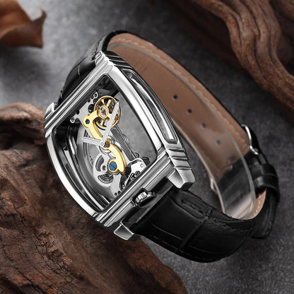 SHENHUA Mens Watches Top Brand Luxury Automatic Mechanical Transparent Skeleton Bridge Watch Leather Belt Wristwatch Male Clock