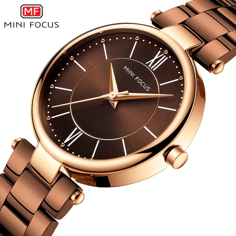 MINI FOCUS Stainless Steel Strap Watches for Women Waterproof Luxury Dress Quartz Wrist Watch Woman Lady Coffee Brown MF0189L