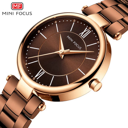 MINI FOCUS Stainless Steel Strap Watches for Women Waterproof Luxury Dress Quartz Wrist Watch Woman Lady Coffee Brown MF0189L