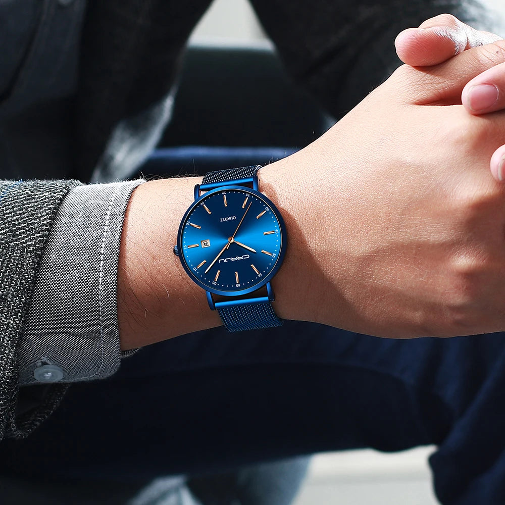 reloj hombre CRRJU Top Brand Luxury Blue Waterproof Watches Slim Stylish Date Casual Quartz Watch Men Sports Mesh Strap Clock