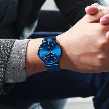 reloj hombre CRRJU Top Brand Luxury Blue Waterproof Watches Slim Stylish Date Casual Quartz Watch Men Sports Mesh Strap Clock