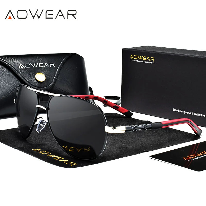 AOWEAR Lunettes de soleil polarisées d'aviation pour homme en aluminium, lunettes de soleil de conduite, lunettes de soleil pour homme, marque, créateur, lunettes rétro, accessoires, gafas
