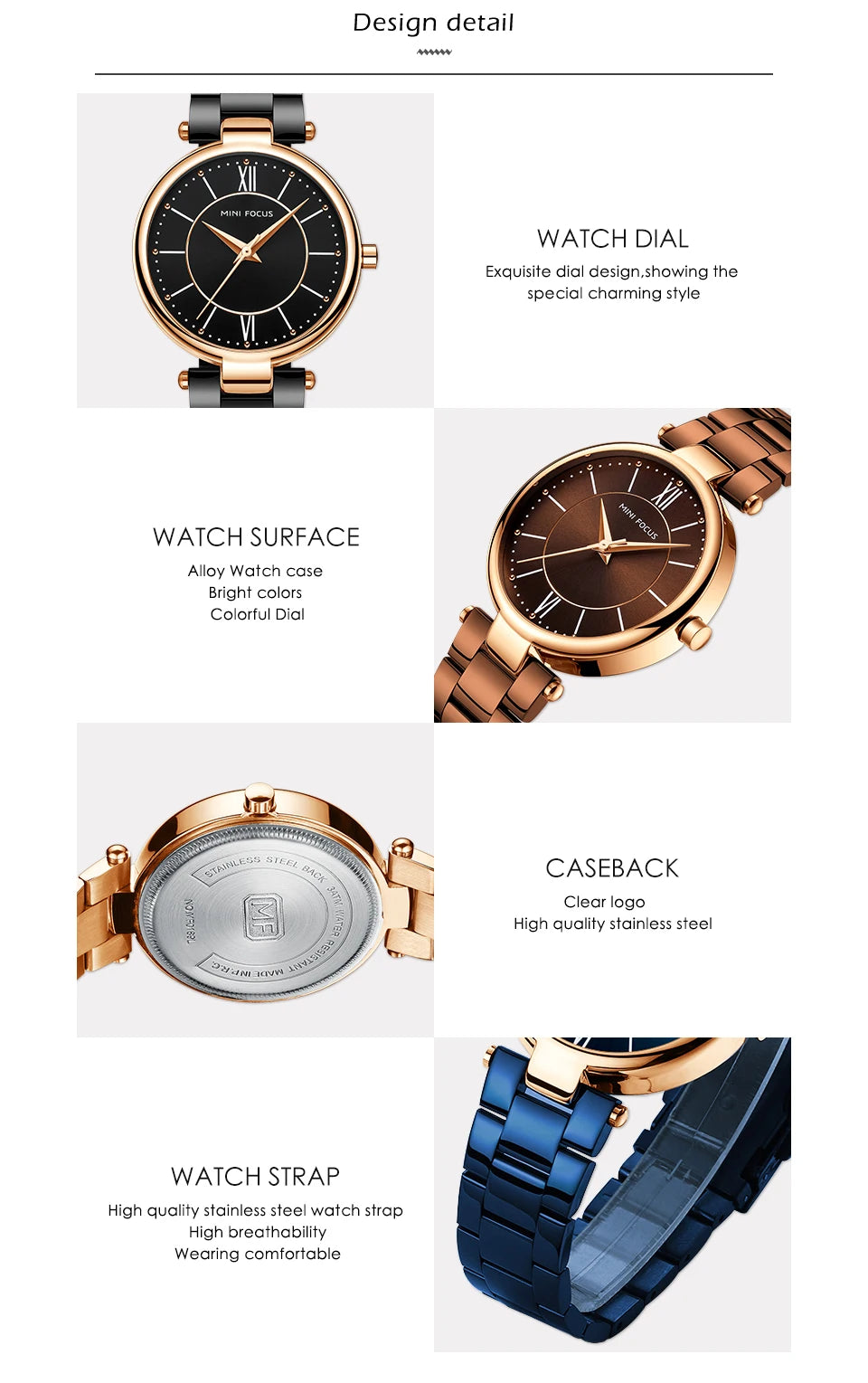 MINI FOCUS Stainless Steel Strap Watches for Women Waterproof Luxury Dress Quartz Wrist Watch Woman Lady Coffee Brown MF0189L