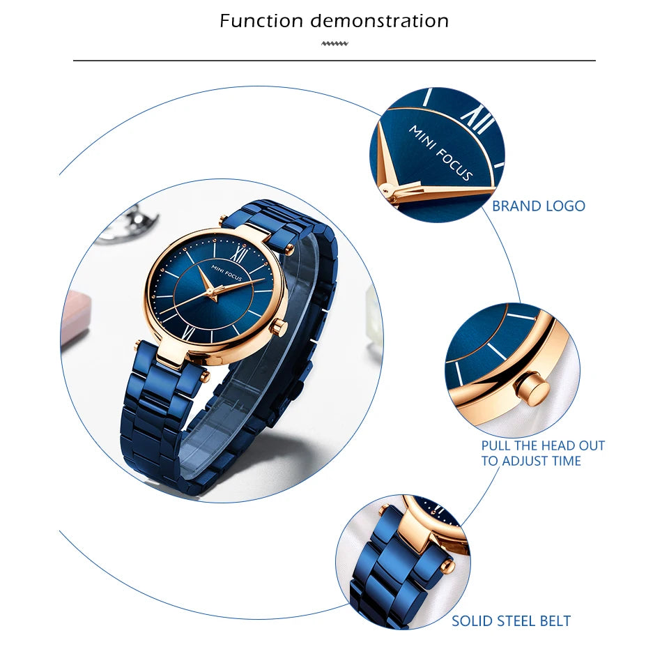 MINI FOCUS Stainless Steel Strap Watches for Women Waterproof Luxury Dress Quartz Wrist Watch Woman Lady Coffee Brown MF0189L