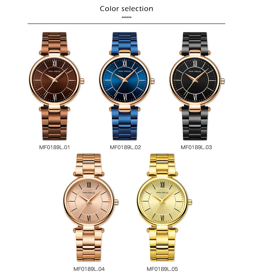 MINI FOCUS Stainless Steel Strap Watches for Women Waterproof Luxury Dress Quartz Wrist Watch Woman Lady Coffee Brown MF0189L