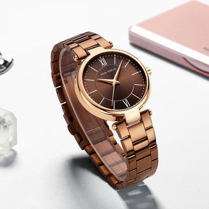 MINI FOCUS Stainless Steel Strap Watches for Women Waterproof Luxury Dress Quartz Wrist Watch Woman Lady Coffee Brown MF0189L
