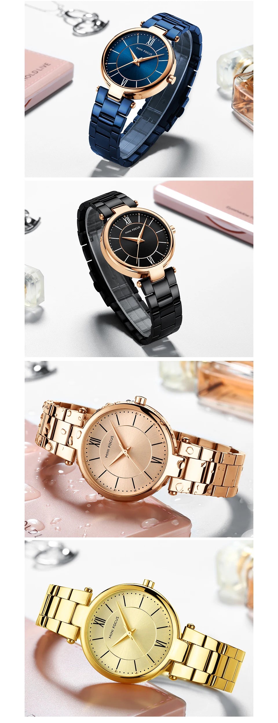 MINI FOCUS Stainless Steel Strap Watches for Women Waterproof Luxury Dress Quartz Wrist Watch Woman Lady Coffee Brown MF0189L