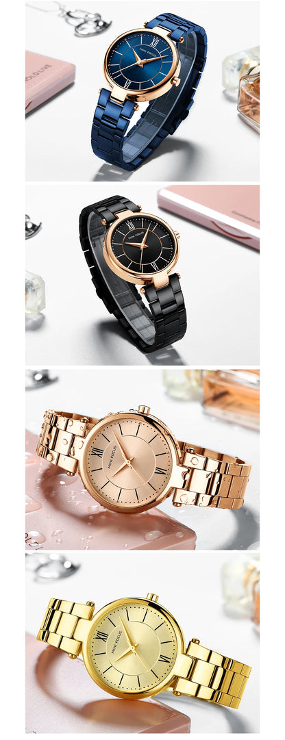 MINI FOCUS Stainless Steel Strap Watches for Women Waterproof Luxury Dress Quartz Wrist Watch Woman Lady Coffee Brown MF0189L