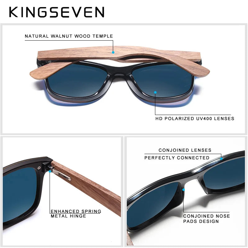 KINGSEVEN Luxusní sluneční brýle z ořechového dřeva, polarizované, dřevěné, značkové, bezrámové, zrcadlové, čtvercové, pro ženy/muže