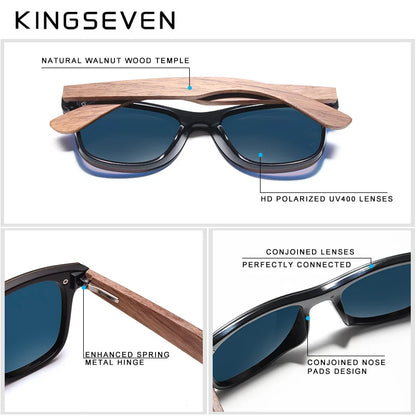 KINGSEVEN Luxusní sluneční brýle z ořechového dřeva, polarizované, dřevěné, značkové, bezrámové, zrcadlové, čtvercové, pro ženy/muže