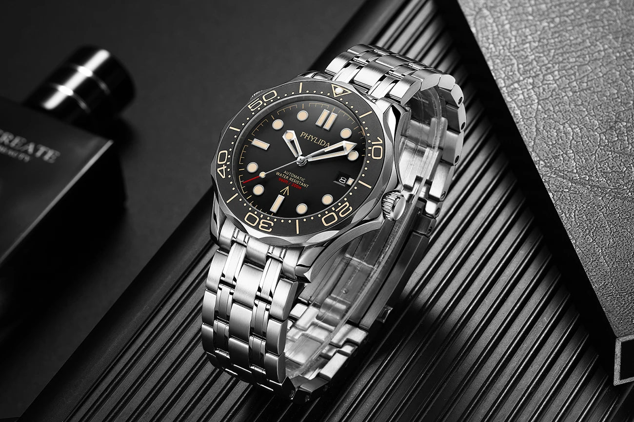 PHYLIDA Black Dial PT5000 MIYOTA Automatic Watch DIVER 200M 007 NTTD Style Sapphire Crystal Solid Bracelet Waterproof 20Bar