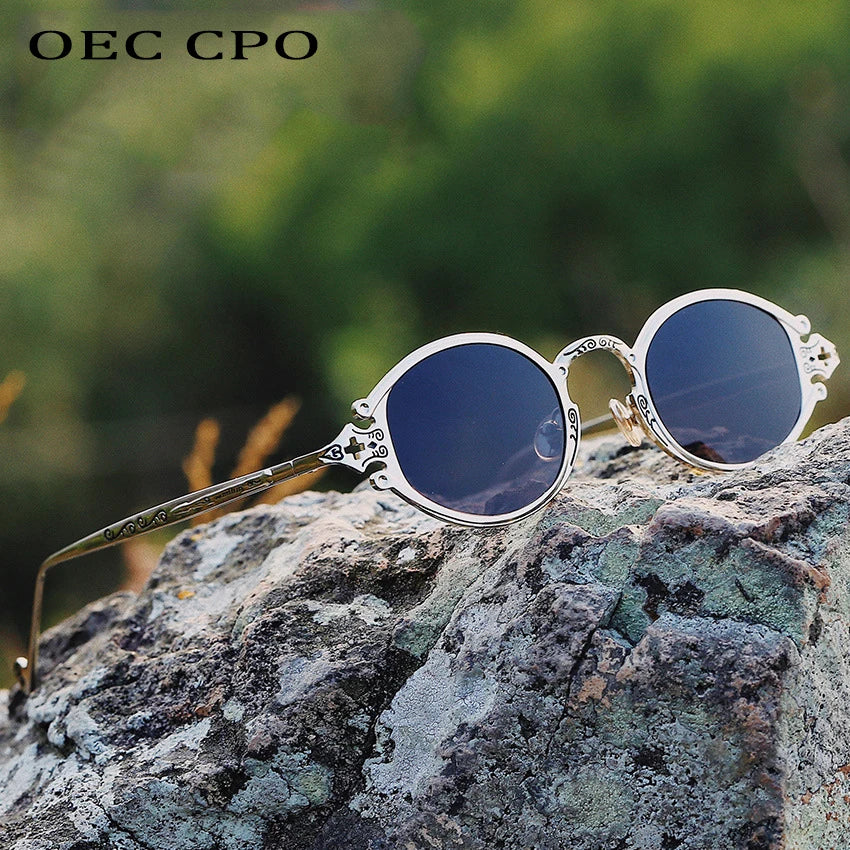 sluneční brýle pro muže ve stylu Cateye, street shoot, retro, steampunk, gotické, oválné, s kovovou obrubou a vyřezávaným vzorem, Gafas sol mujer