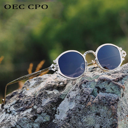 sluneční brýle pro muže ve stylu Cateye, street shoot, retro, steampunk, gotické, oválné, s kovovou obrubou a vyřezávaným vzorem, Gafas sol mujer