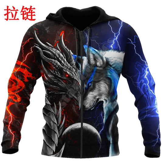 Sweatshirt com capuz de outono para homem, estampado 3D com dragão e lobo vermelho e azul, unissexo, estilo streetwear casual, casaco com fecho, pullover KJ494