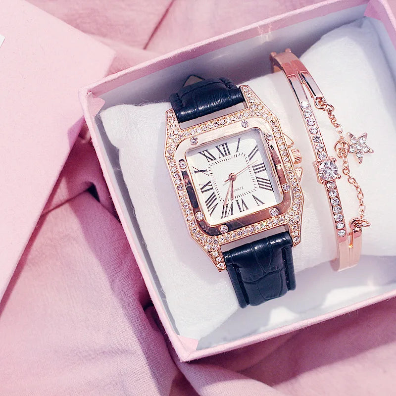 Square Women Watches Waterproof Luxury Rhinestone Quartz Wristwatch PU Leather Ladies Watch Female Ladies Watch Gift Wrist Watch