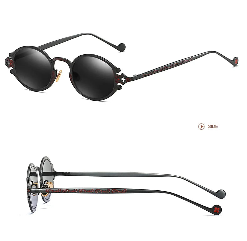 sluneční brýle pro muže ve stylu Cateye, street shoot, retro, steampunk, gotické, oválné, s kovovou obrubou a vyřezávaným vzorem, Gafas sol mujer