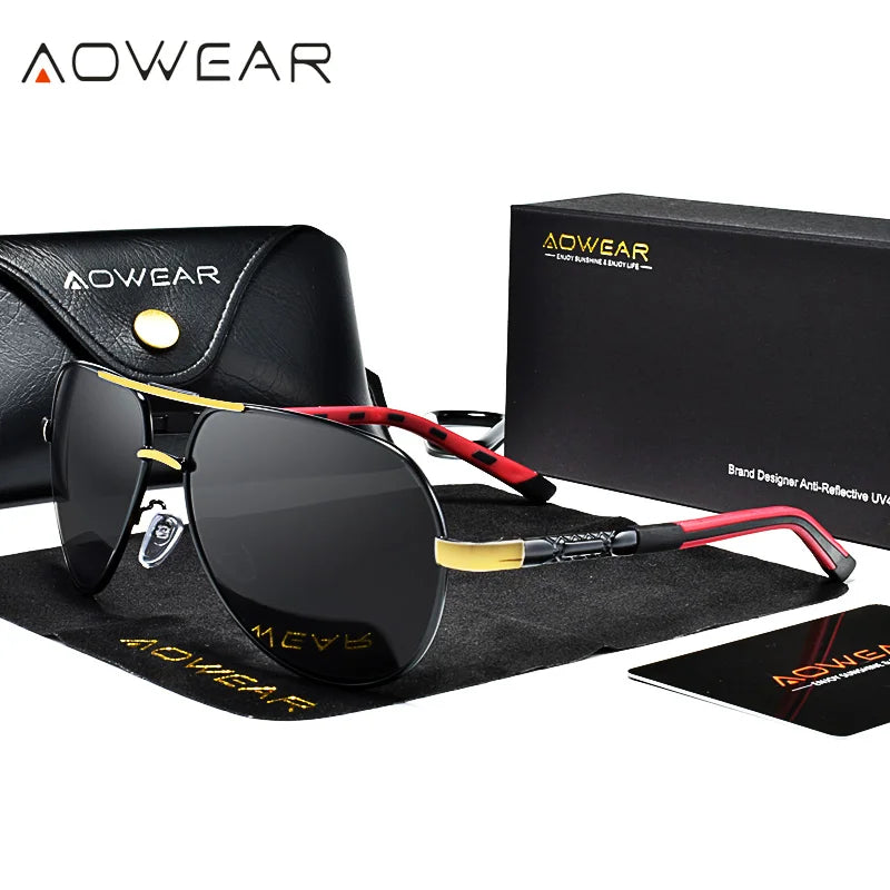 AOWEAR Lunettes de soleil polarisées d'aviation pour homme en aluminium, lunettes de soleil de conduite, lunettes de soleil pour homme, marque, créateur, lunettes rétro, accessoires, gafas